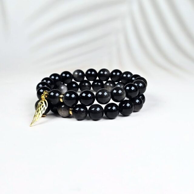 Melnā obsidiāna ar sudraba spīdumu rokassprādze - Aizsardzībai un iekšējam spēkam